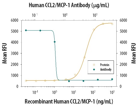 El ensayo de neutralización que muestra quimioatrayente de la proteína CCL/MCP-1 humana recombinante destruye la línea celular BaF3 transfectada por CCR2A de manera dependiente de la dosis y la proteína CCL/MCP-1 se neutraliza aumentando las concentraciones de anticuerpos CCL/MCP-1.